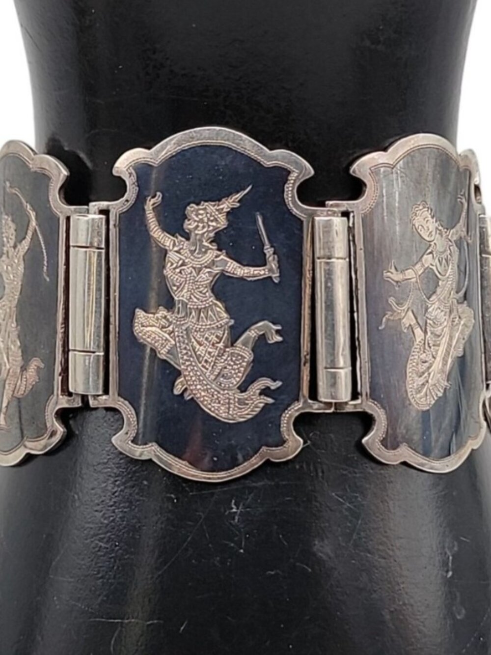 Siam Sterling Silver Bracelet 925 Niello Hindu Goddess Enamel Hinged Panel SZ 7